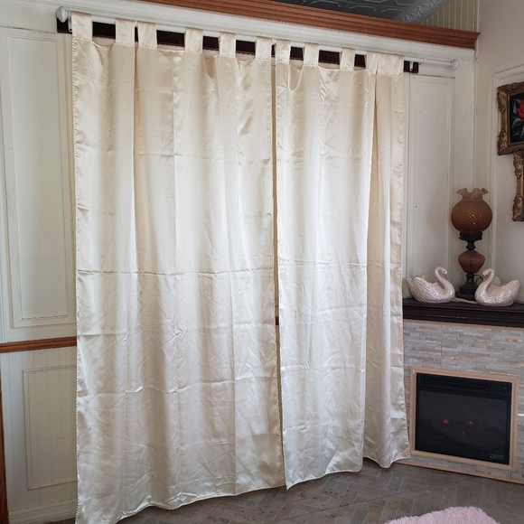 Satin Curtain Panels 2 pc Tab Top 86W x 80L Cream Shine Handmade Double Fabric - Picture 7 of 12
